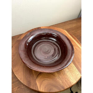 Handmade Studio Pottery Clay Bowl 10.5"x3" (Deep Red Glaze & Green Swirl Accent)